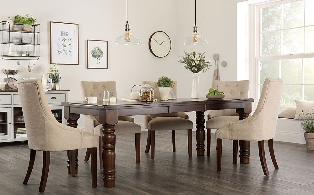 Hampshire Extending Dining Table & 6 Duke Chairs, Dark Solid Hardwood, Oatmeal Classic Linen-Weave Fabric, 150-200cm
