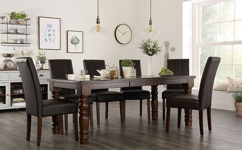 Hampshire Extending Dining Table & 8 Carrick Chairs, Dark Solid Hardwood, Brown Classic Faux Leather, 150-200cm