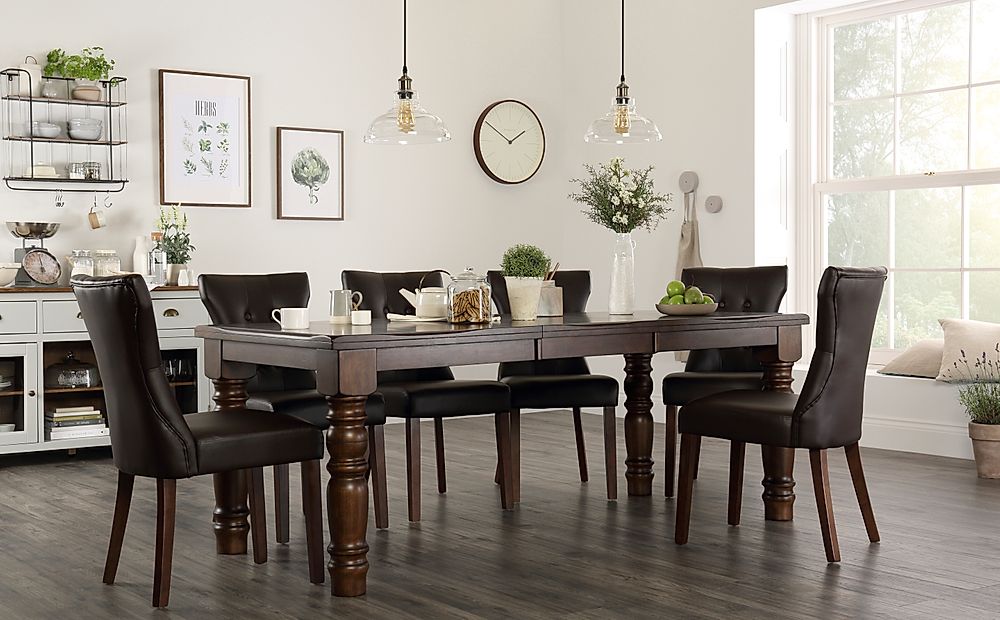 Hampshire Extending Dining Table & 8 Bewley Chairs, Dark Solid Hardwood, Brown Classic Faux Leather, 150-200cm