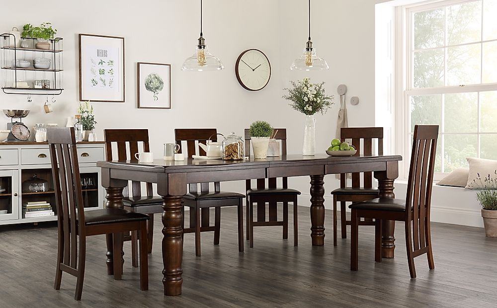 Hampshire Extending Dining Table & 8 Chester Chairs, Dark Solid Hardwood, Brown Classic Faux Leather, 150-200cm