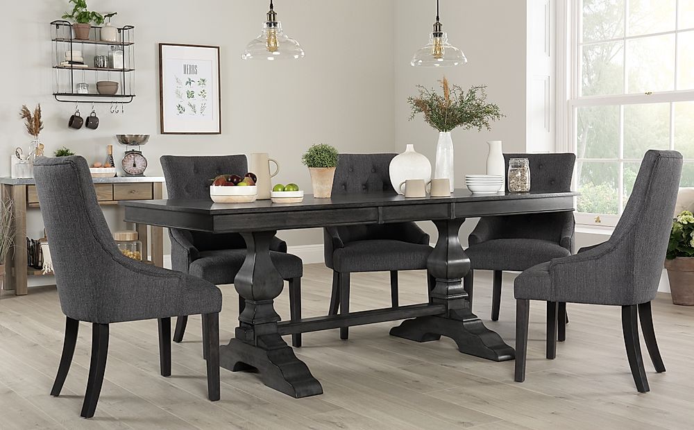 Cavendish Grey Wood Extending Dining Table with 8 Duke Slate Fabric
