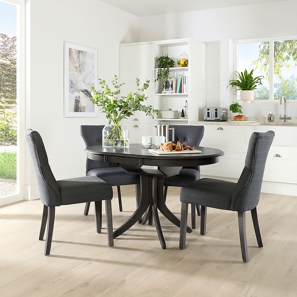 Hudson Round Extending Dining Table & 4 Bewley Chairs, Grey Solid Hardwood, Slate Grey Classic Linen-Weave Fabric, 90-120cm