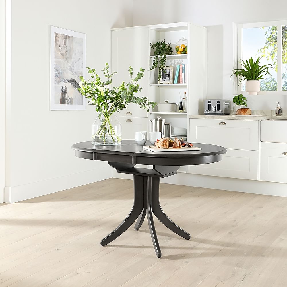 Hudson Round Extending Dining Table 4 Bewley Chairs Grey Solid Hardwood Slate Grey Classic Linen Weave Fabric 90 120cm