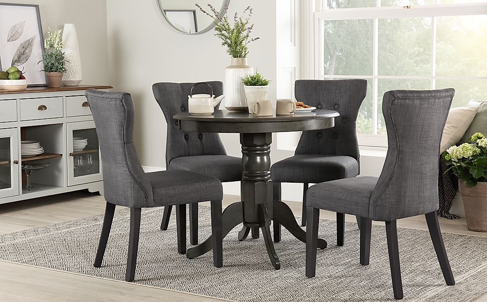 Kingston Round Grey Wood Dining Table with 4 Bewley Slate Fabric Chairs