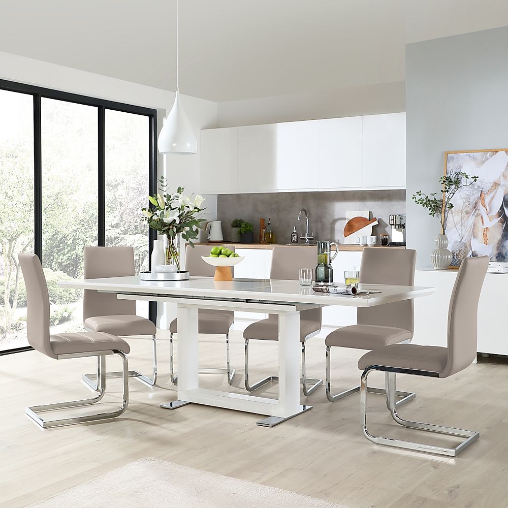 Tokyo Extending Dining Table & 4 Perth Chairs, White High Gloss, Stone Grey Classic Faux Leather & Chrome, 160-220cm