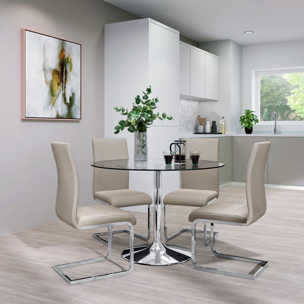 Orbit Round Dining Table & 4 Perth Chairs, Glass & Chrome, Stone Grey Classic Faux Leather, 110cm