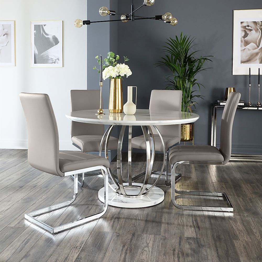 Savoy Round Dining Table & 4 Perth Chairs, White Marble Effect & Chrome, Stone Grey Classic Faux Leather, 120cm