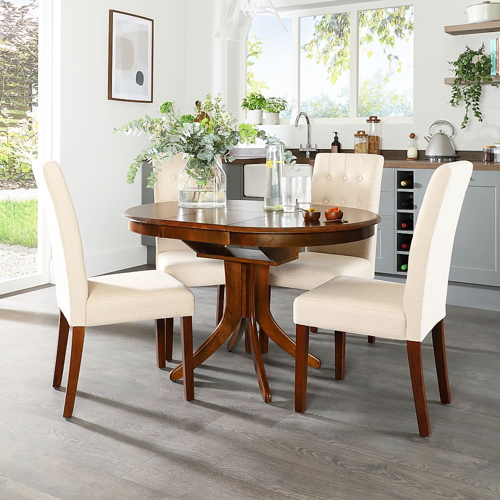 Hudson Round Extending Dining Table & 6 Regent Chairs, Dark Solid Hardwood, Oatmeal Classic Linen-Weave Fabric, 90-120cm