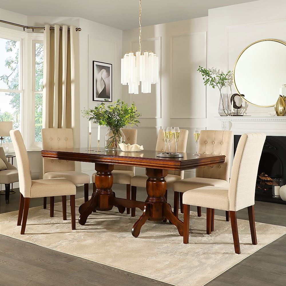 Chatsworth Extending Dining Table & 4 Regent Chairs, Dark Solid Hardwood, Oatmeal Classic Linen-Weave Fabric, 150-180cm