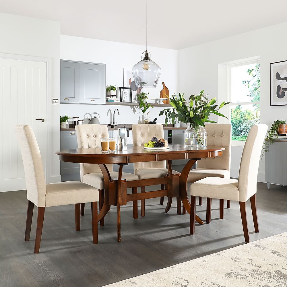 Townhouse Oval Extending Dining Table & 6 Regent Chairs, Dark Solid Hardwood, Oatmeal Classic Linen-Weave Fabric, 150-180cm