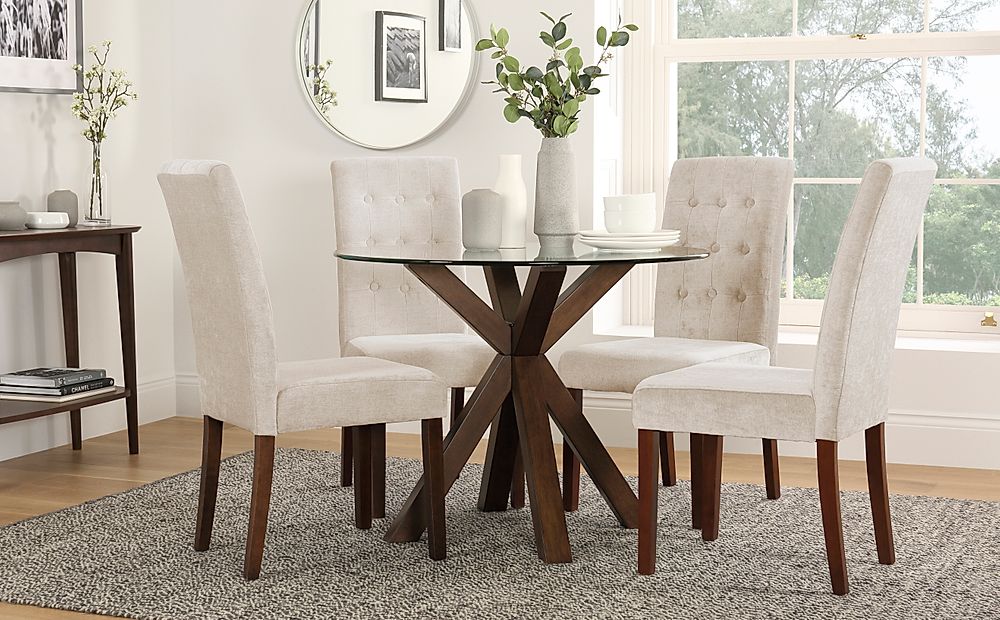 Hatton Round Dining Table & 4 Regent Chairs, Glass & Dark Solid Hardwood, Oatmeal Classic Linen-Weave Fabric, 100cm