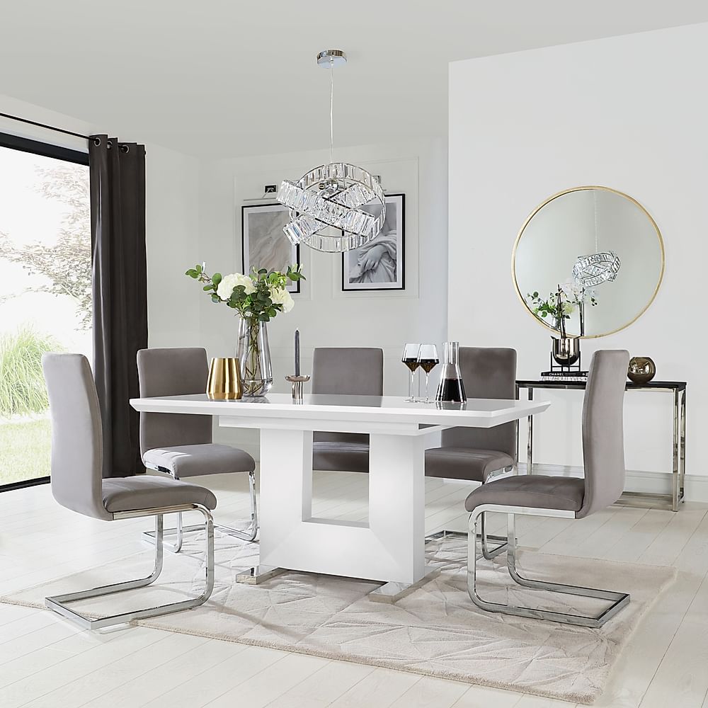 Florence Extending Dining Table & 6 Perth Chairs, White High Gloss, Grey Classic Velvet & Chrome, 120-160cm