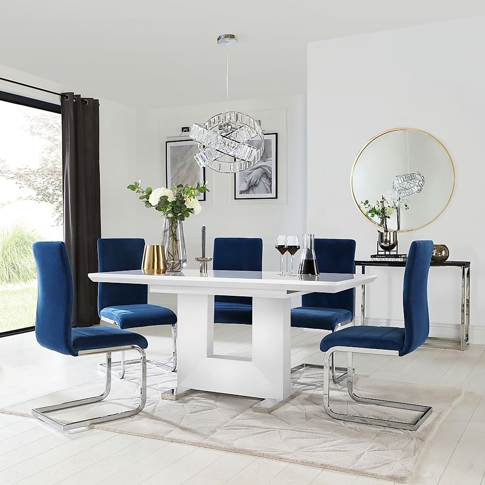 Florence Extending Dining Table & 6 Perth Chairs, White High Gloss, Blue Classic Velvet & Chrome, 120-160cm