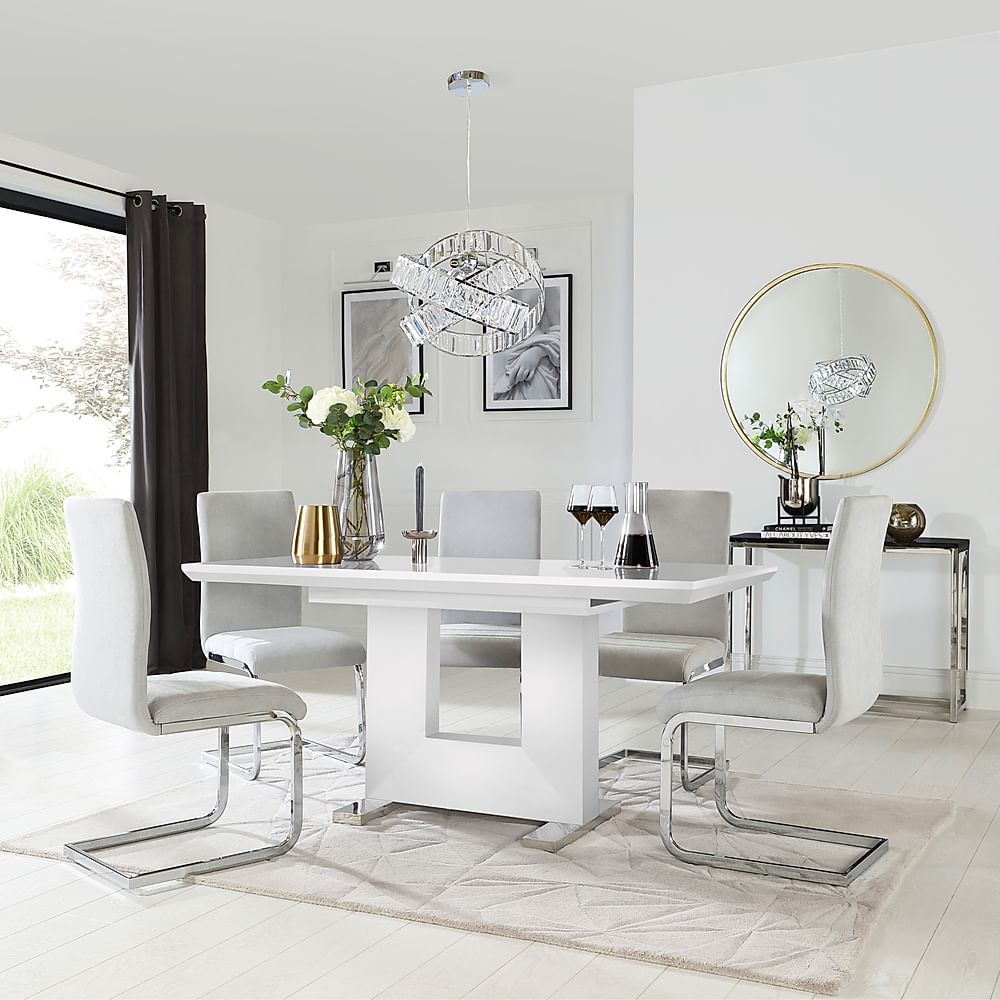 Florence Extending Dining Table & 4 Perth Chairs, White High Gloss, Dove Grey Classic Plush Fabric & Chrome, 120-160cm