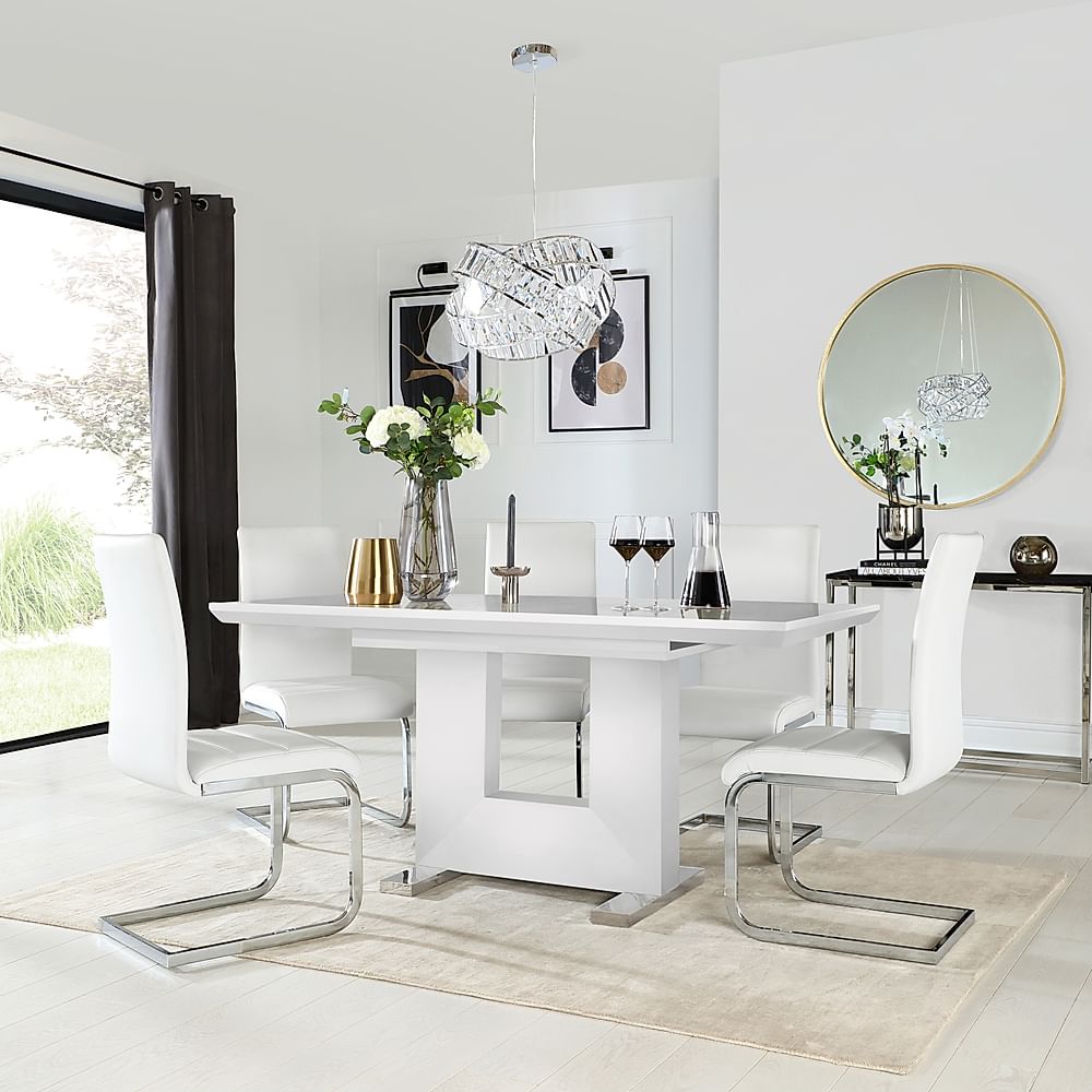 Florence Extending Dining Table & 4 Perth Chairs, White High Gloss, White Classic Faux Leather & Chrome, 120-160cm