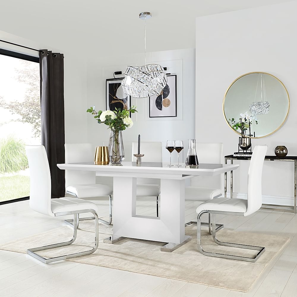 Florence Extending Dining Table & 6 Perth Chairs, White High Gloss, White Classic Faux Leather & Chrome, 120-160cm