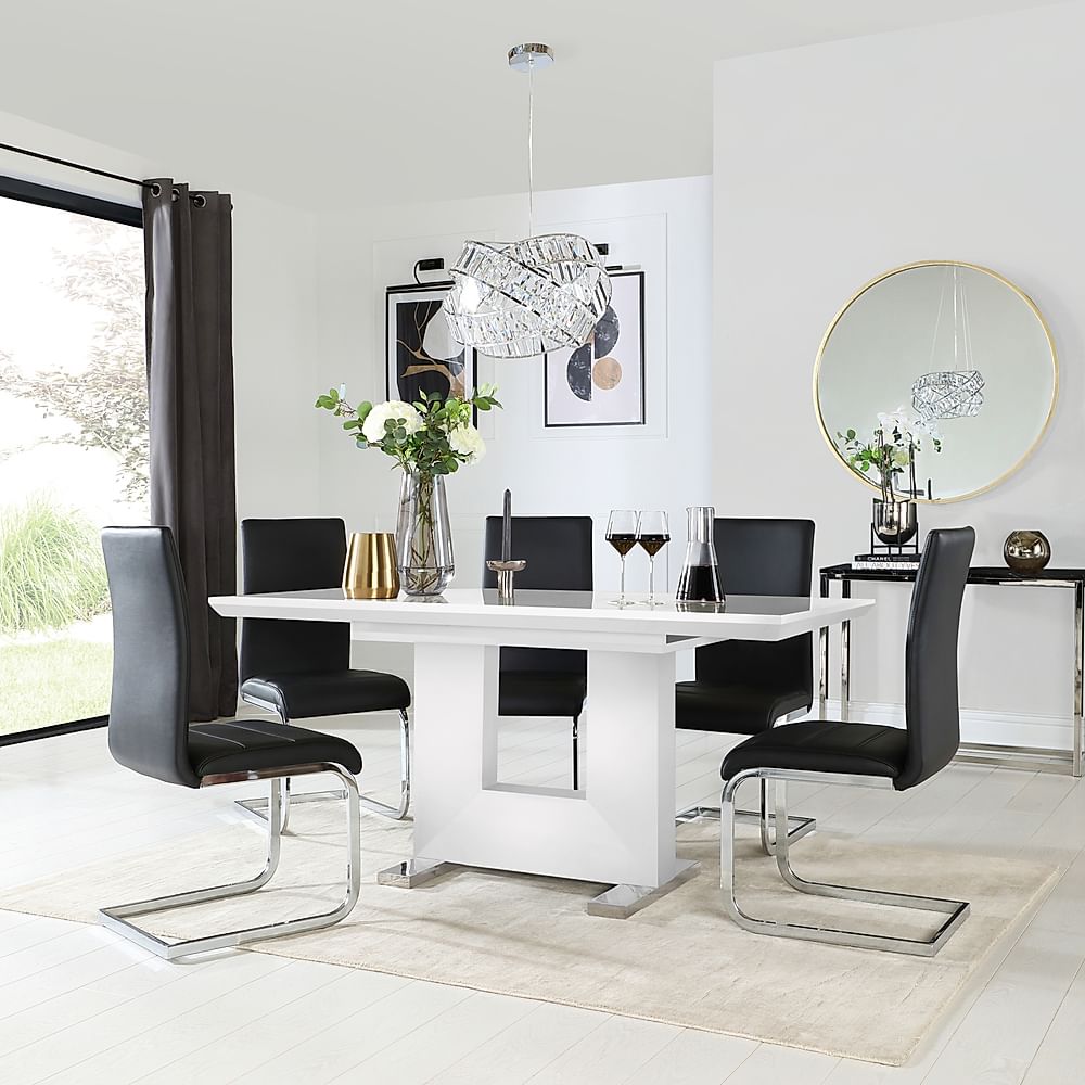 Florence Extending Dining Table & 4 Perth Chairs, White High Gloss, Black Classic Faux Leather & Chrome, 120-160cm