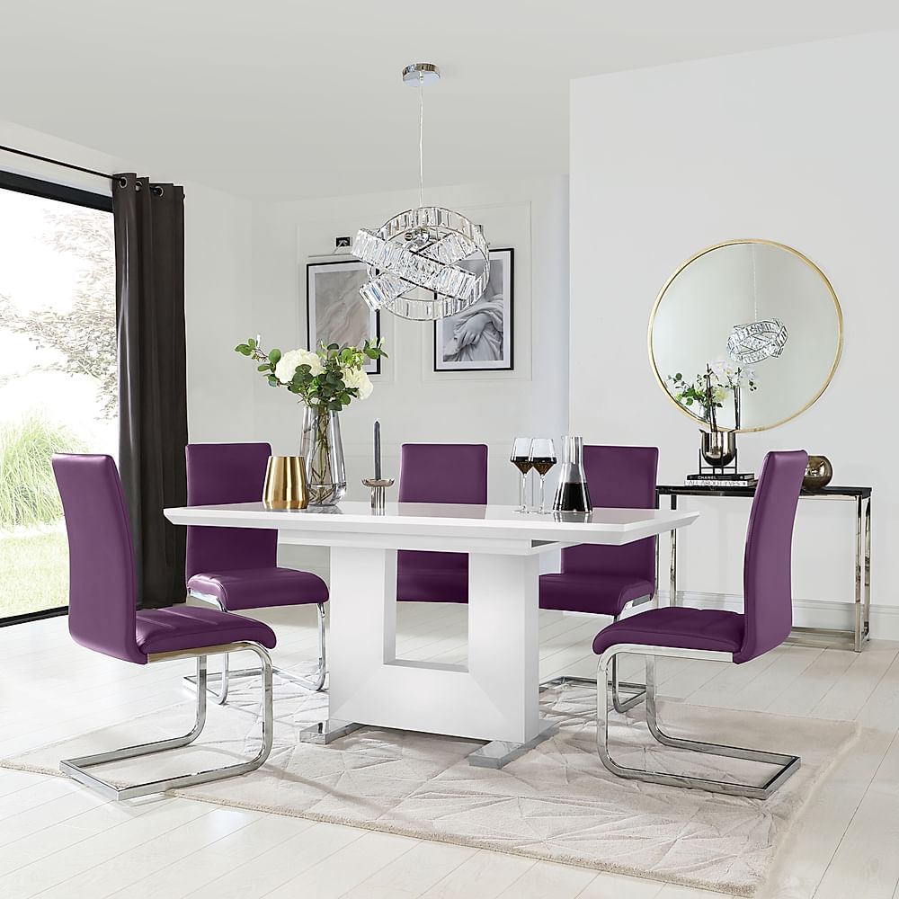 High Gloss Extending Dining Table, Purple Leather Dining Chairs