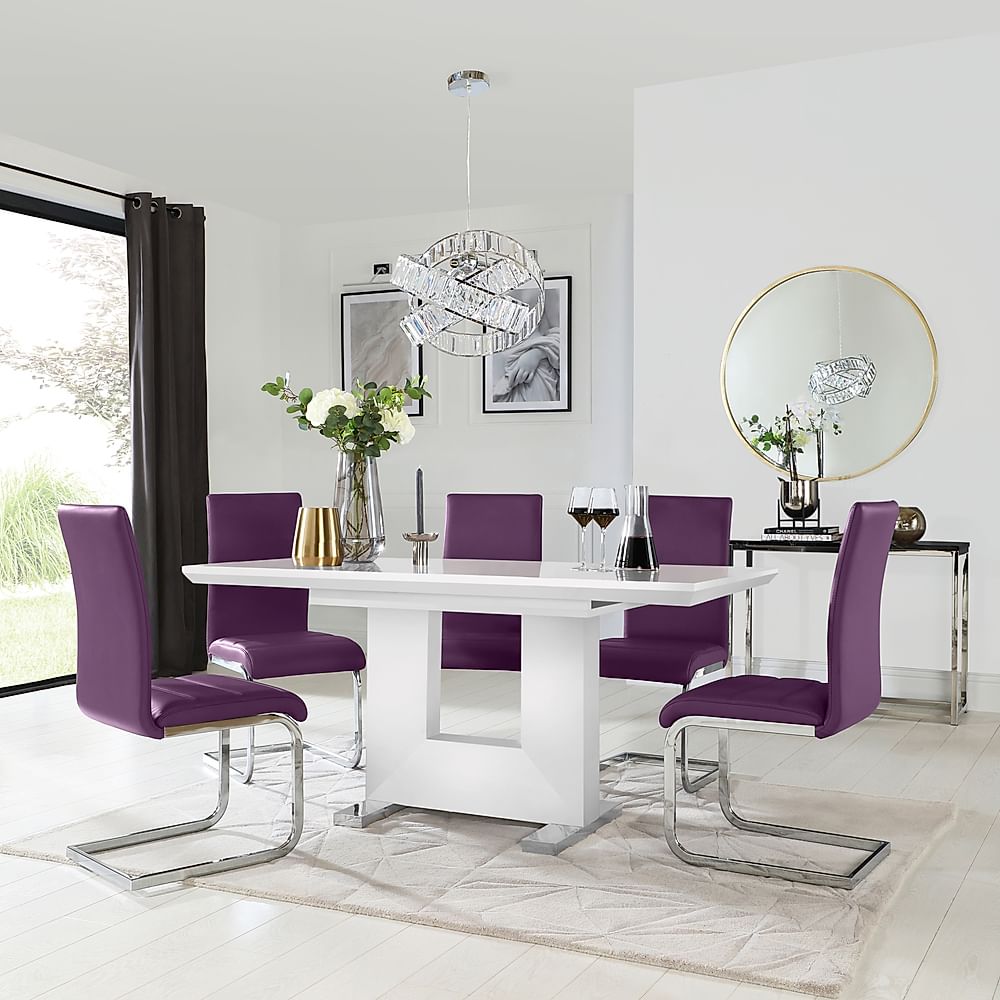 Florence Extending Dining Table & 6 Perth Chairs, White High Gloss, Purple Classic Faux Leather & Chrome, 120-160cm