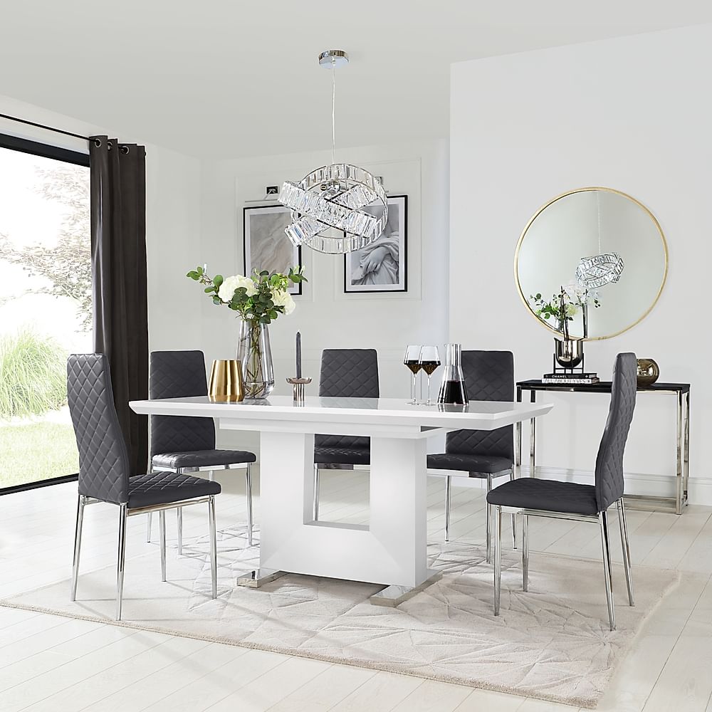 Florence Extending Dining Table & 6 Renzo Chairs, White High Gloss, Grey Classic Faux Leather & Chrome, 120-160cm