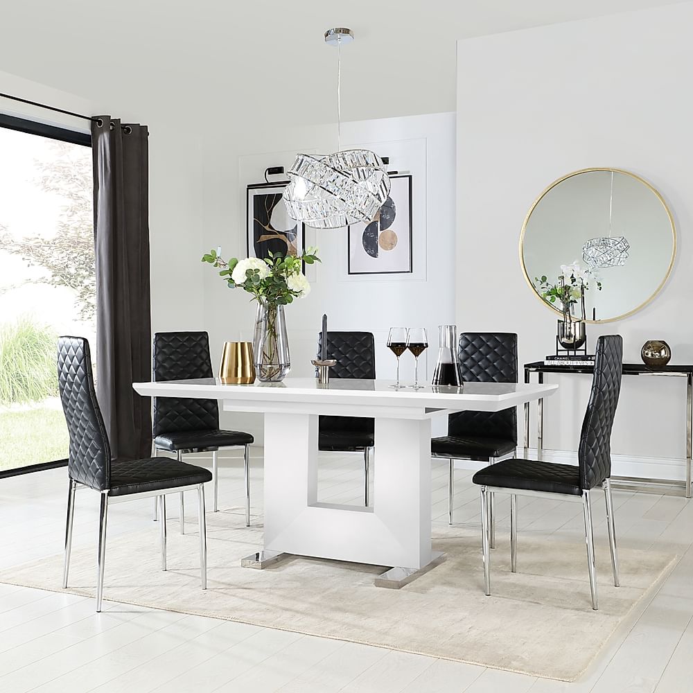 Florence Extending Dining Table & 4 Renzo Chairs, White High Gloss, Black Classic Faux Leather & Chrome, 120-160cm