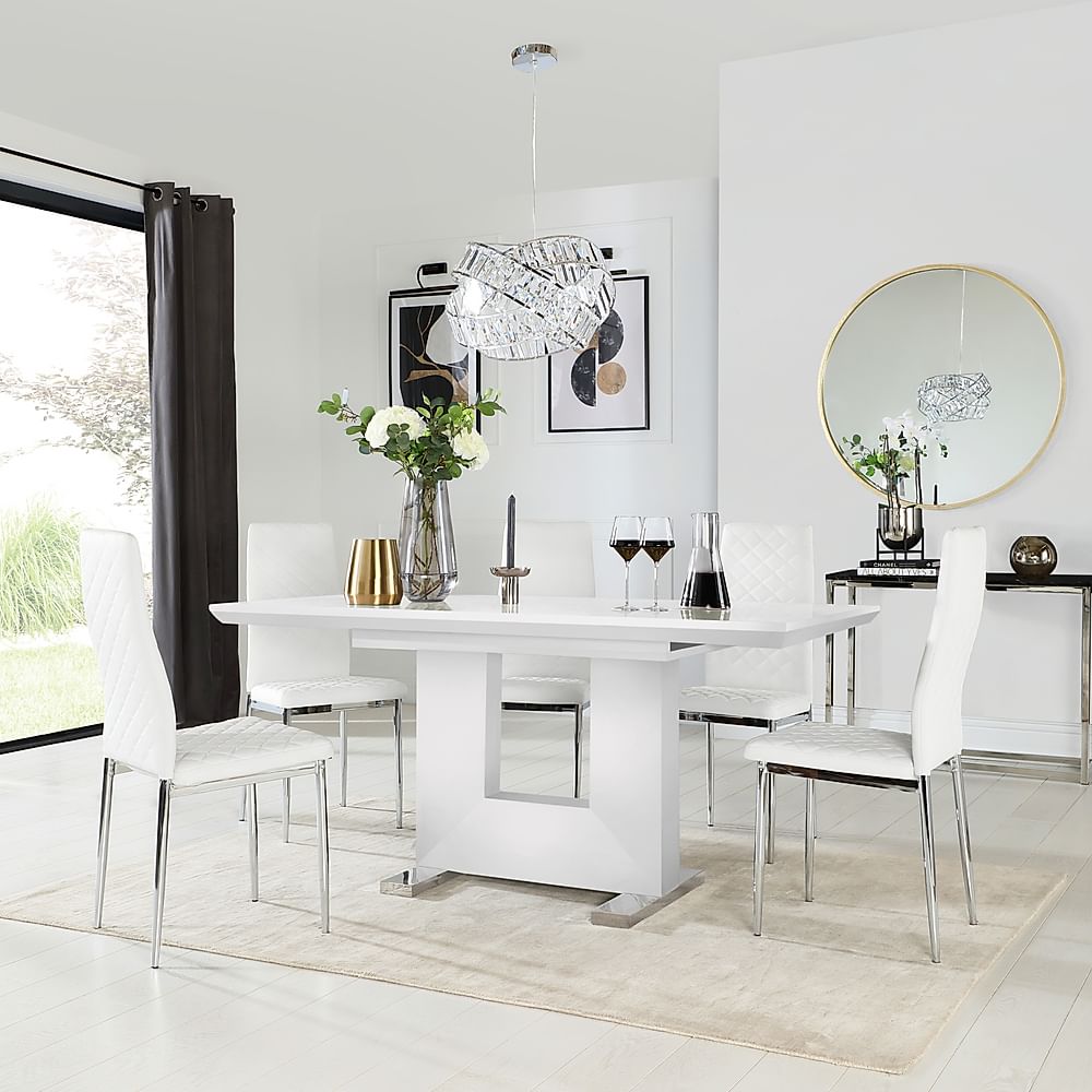 Florence Extending Dining Table & 4 Renzo Chairs, White High Gloss, White Classic Faux Leather & Chrome, 120-160cm