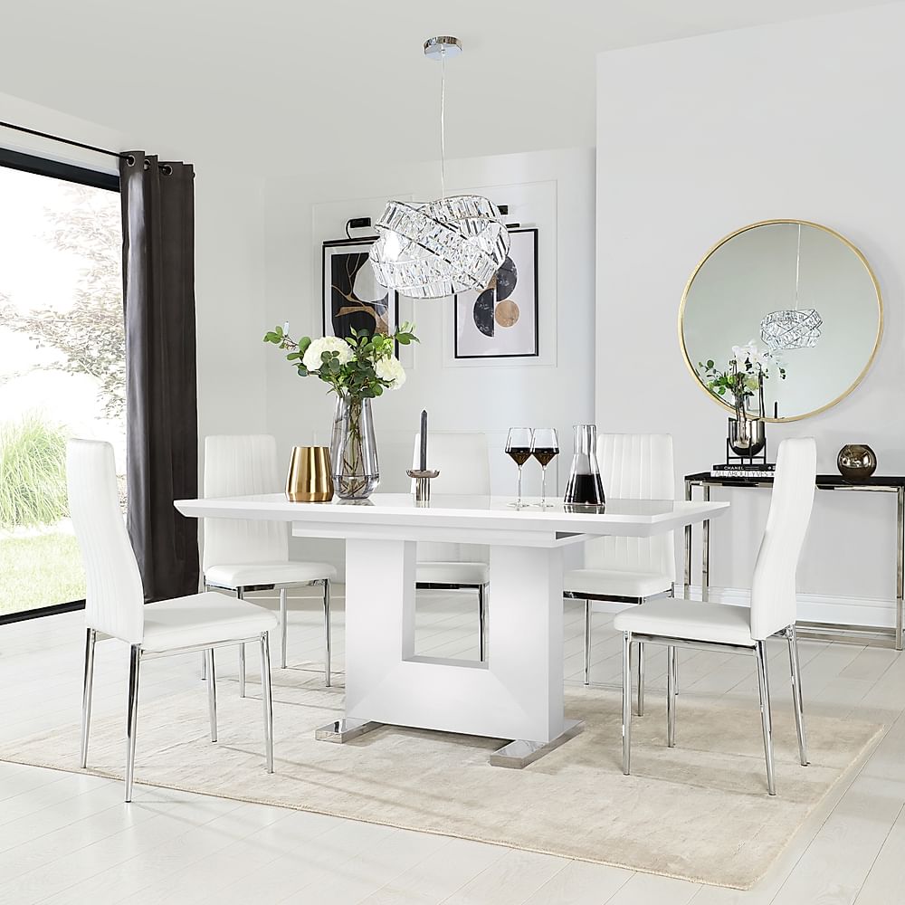 Florence Extending Dining Table & 6 Leon Chairs, White High Gloss, White Classic Faux Leather & Chrome, 120-160cm