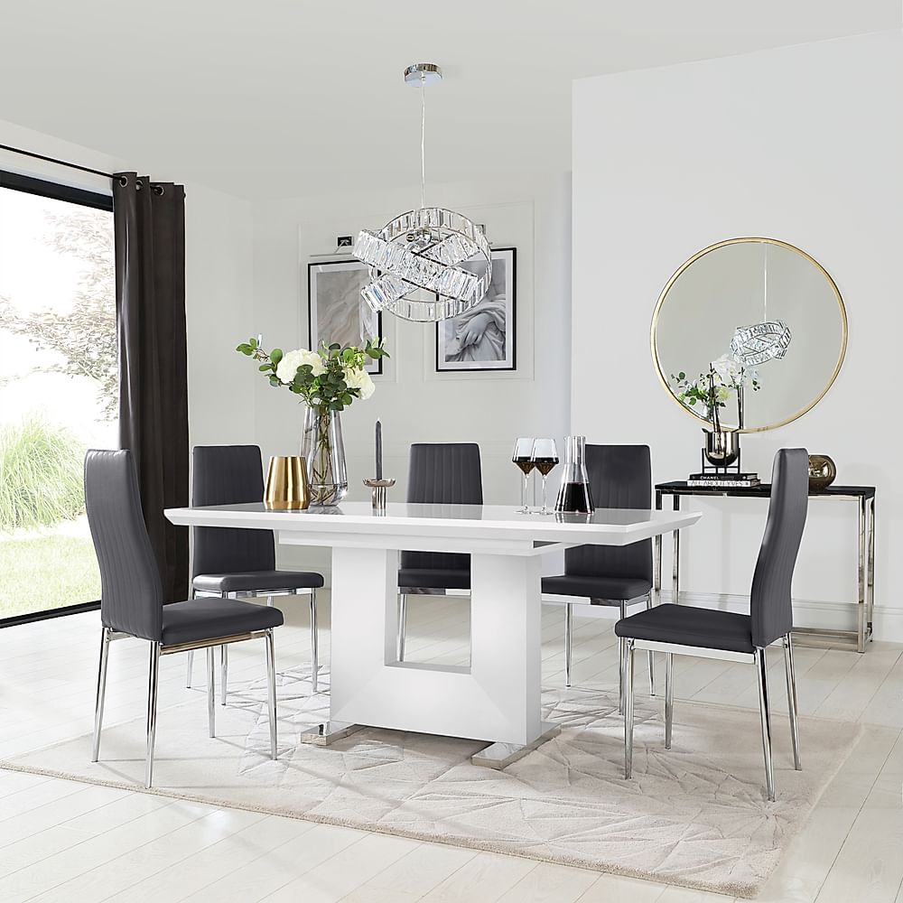 Florence Extending Dining Table & 4 Leon Chairs, White High Gloss, Grey Classic Faux Leather & Chrome, 120-160cm