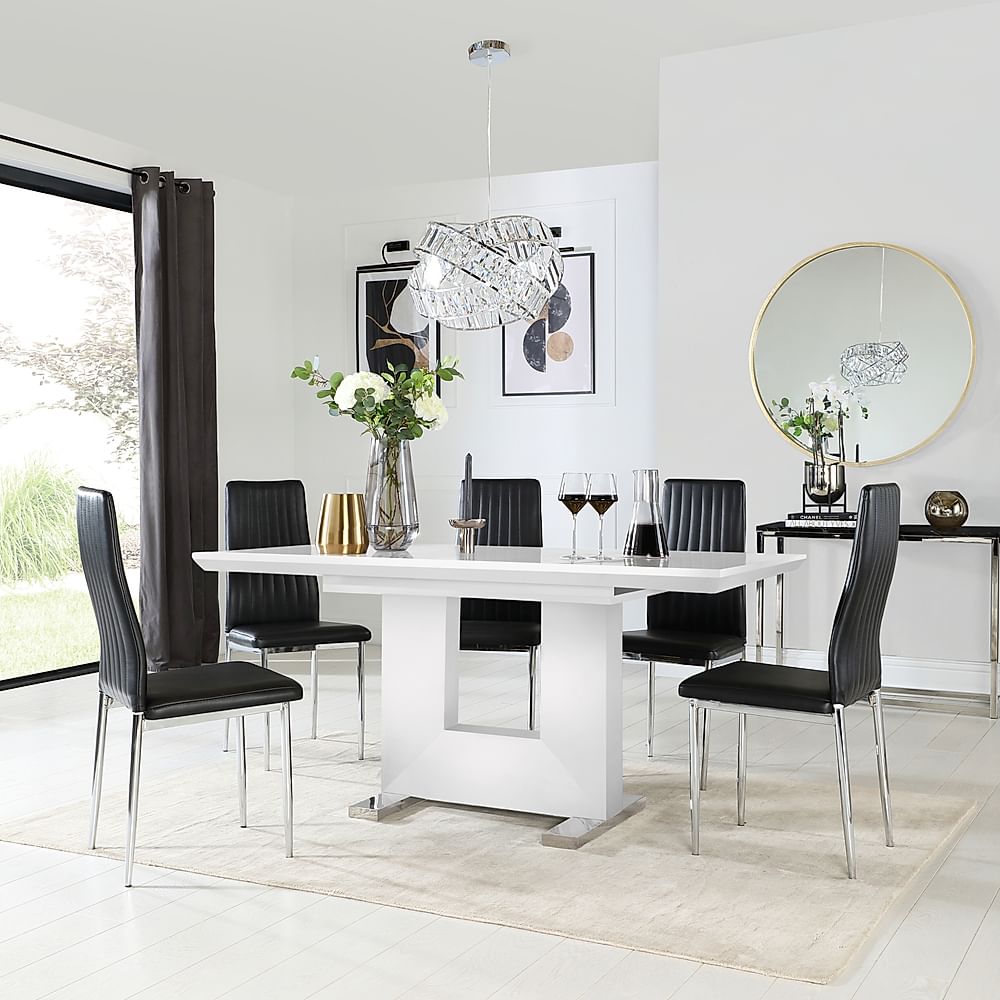 Florence Extending Dining Table & 6 Leon Chairs, White High Gloss, Black Classic Faux Leather & Chrome, 120-160cm