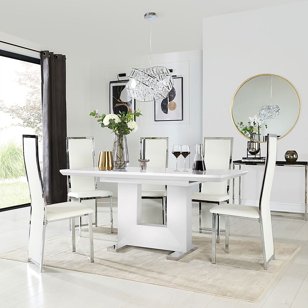 Florence Extending Dining Table & 4 Celeste Chairs, White High Gloss, White Classic Faux Leather & Chrome, 120-160cm