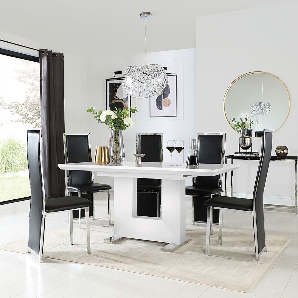 Florence Extending Dining Table & 4 Celeste Chairs, White High Gloss, Black Classic Faux Leather & Chrome, 120-160cm