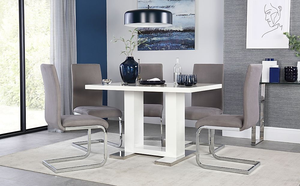 Joule Dining Table & 6 Perth Chairs, White High Gloss, Grey Classic Velvet & Chrome, 120cm