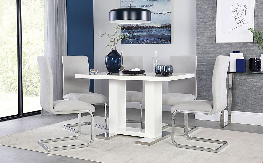 Joule Dining Table & 4 Perth Chairs, White High Gloss, Dove Grey Classic Plush Fabric & Chrome, 120cm