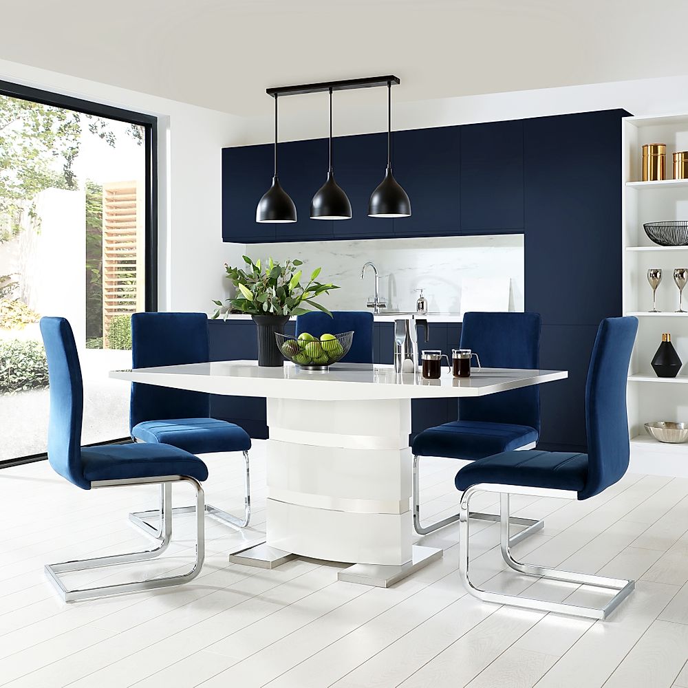 Komoro Dining Table & 4 Perth Chairs, White High Gloss & Chrome, Blue Classic Velvet, 160cm