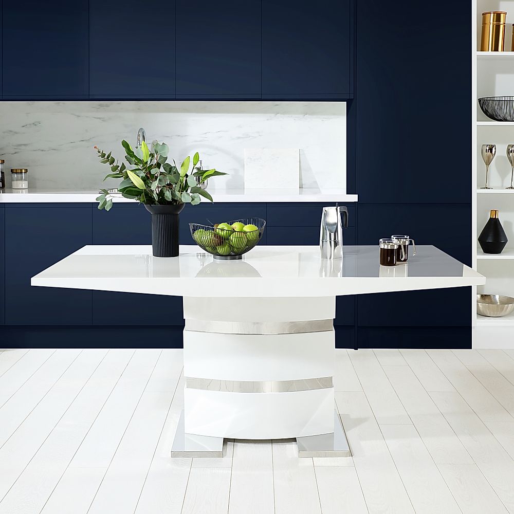 Komoro Dining Table 6 Perth Chairs White High Gloss Chrome Blue Classic Velvet 160cm