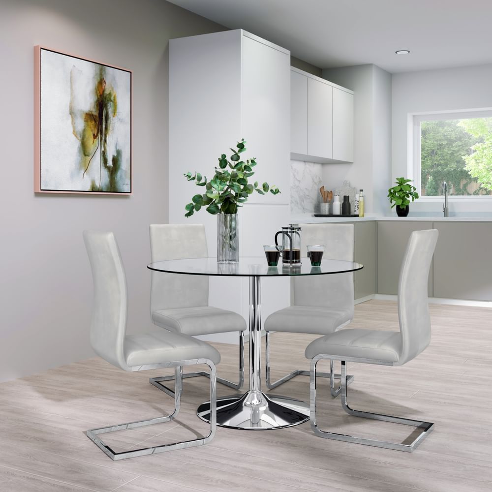 Orbit Round Dining Table & 4 Perth Chairs, Glass & Chrome, Dove Grey Classic Plush Fabric, 110cm
