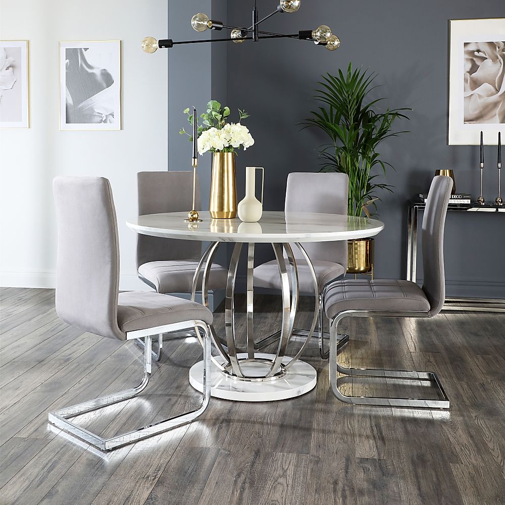 Savoy Round Dining Table & 4 Perth Chairs, White Marble Effect & Chrome, Grey Classic Velvet, 120cm