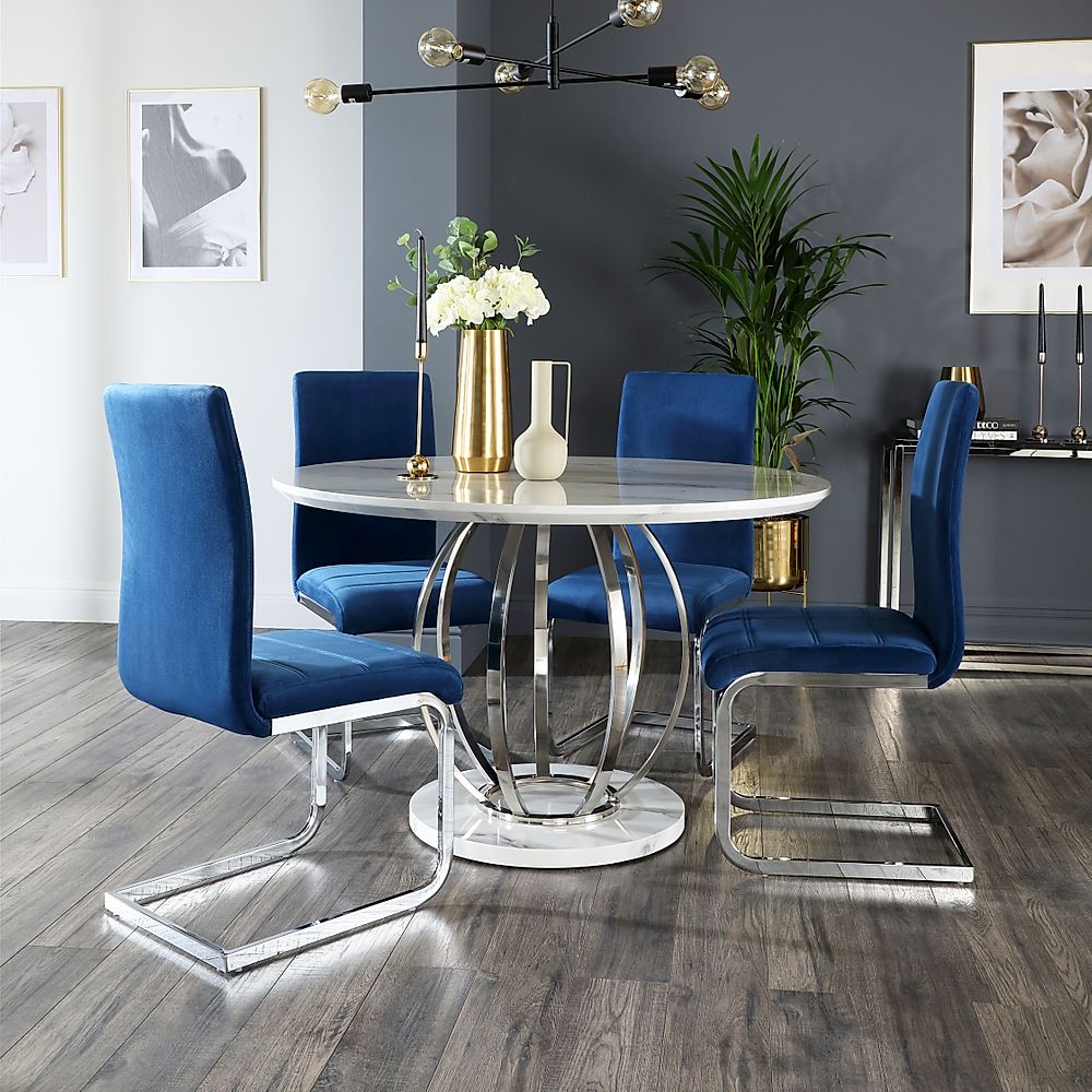 Savoy Round Dining Table & 4 Perth Chairs, White Marble Effect & Chrome, Blue Classic Velvet, 120cm