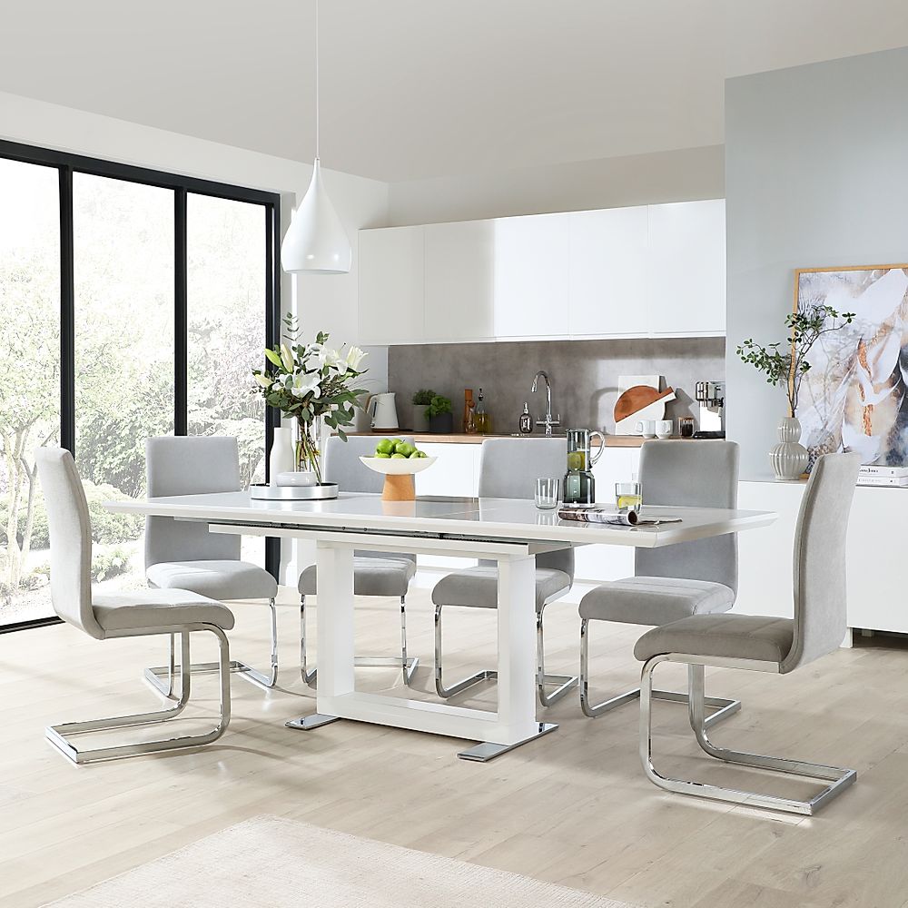 Tokyo Extending Dining Table & 6 Perth Chairs, White High Gloss, Dove Grey Classic Plush Fabric & Chrome, 160-220cm