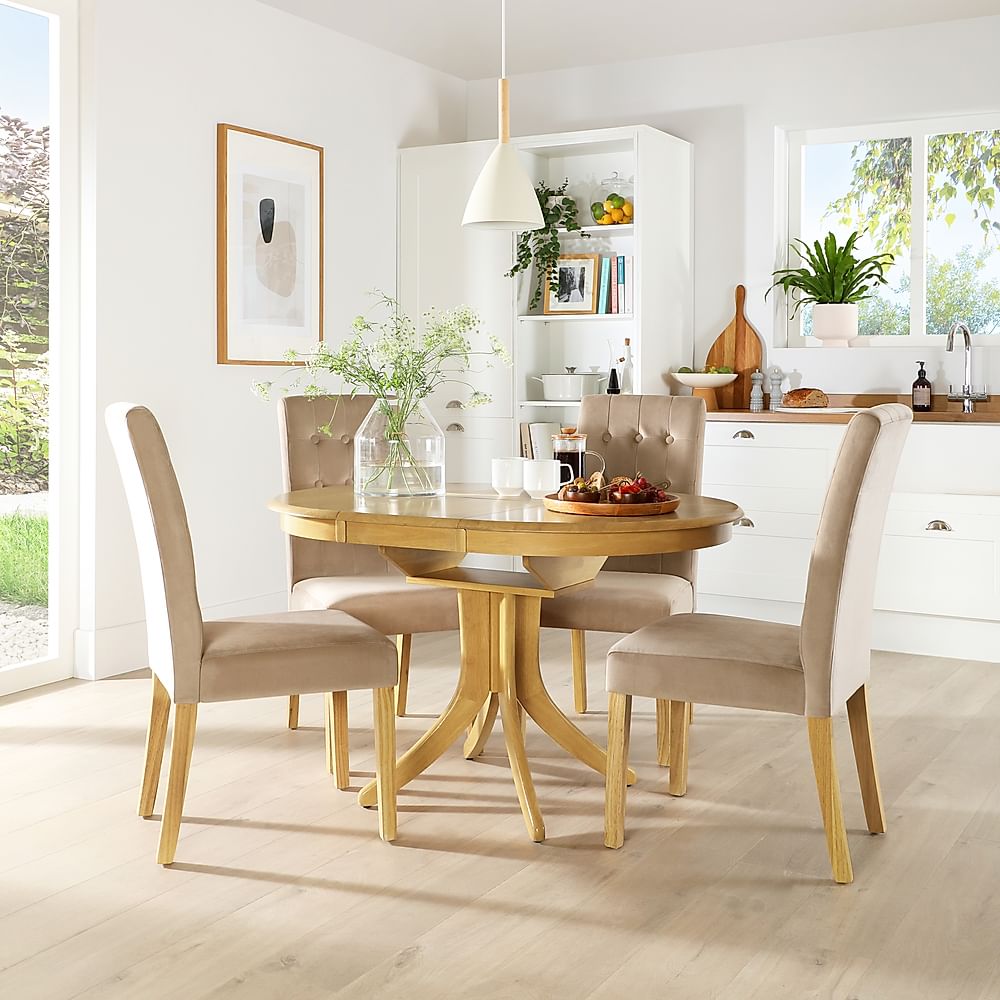 Hudson Round Extending Dining Table & 6 Regent Chairs, Natural Oak Finished Solid Hardwood, Champagne Classic Velvet, 90-120cm