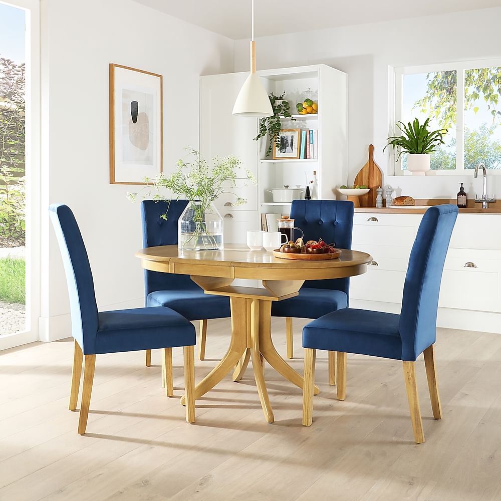 Hudson Round Extending Dining Table & 6 Regent Chairs, Natural Oak Finished Solid Hardwood, Blue Classic Velvet, 90-120cm