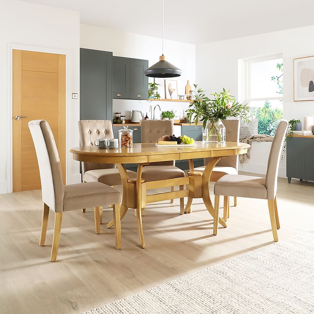 Townhouse Oval Extending Dining Table & 6 Regent Chairs, Natural Oak Finished Solid Hardwood, Champagne Classic Velvet, 150-180cm