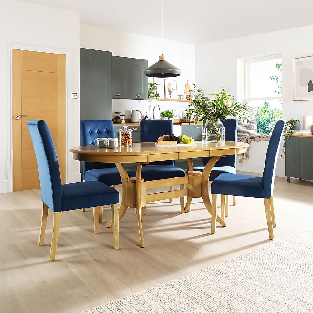 Townhouse Oval Extending Dining Table & 4 Regent Chairs, Natural Oak Finished Solid Hardwood, Blue Classic Velvet, 150-180cm