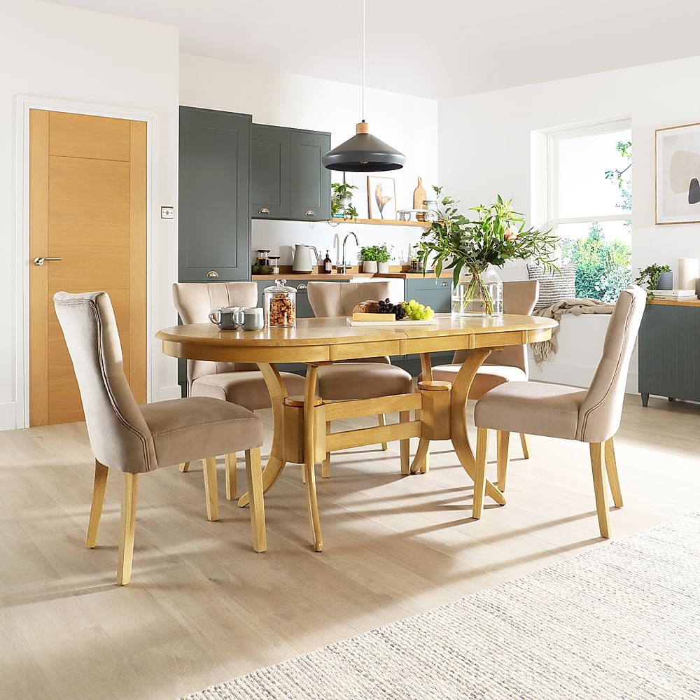 Townhouse Oval Extending Dining Table & 6 Bewley Chairs, Natural Oak Finished Solid Hardwood, Champagne Classic Velvet, 150-180cm