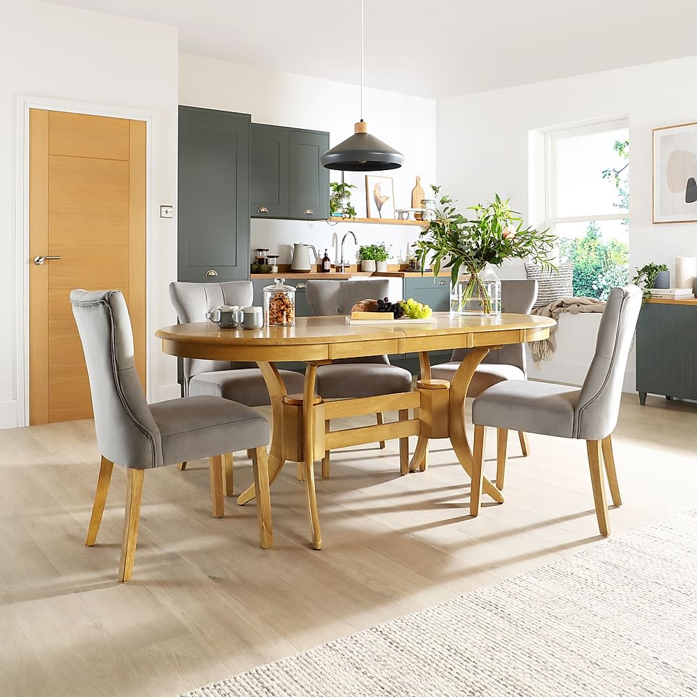 Townhouse Oval Extending Dining Table & 4 Bewley Chairs, Natural Oak Finished Solid Hardwood, Grey Classic Velvet, 150-180cm