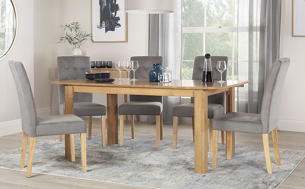 Bali Extending Dining Table & 4 Regent Chairs, Natural Oak Finished Solid Hardwood, Grey Classic Velvet, 150-180cm