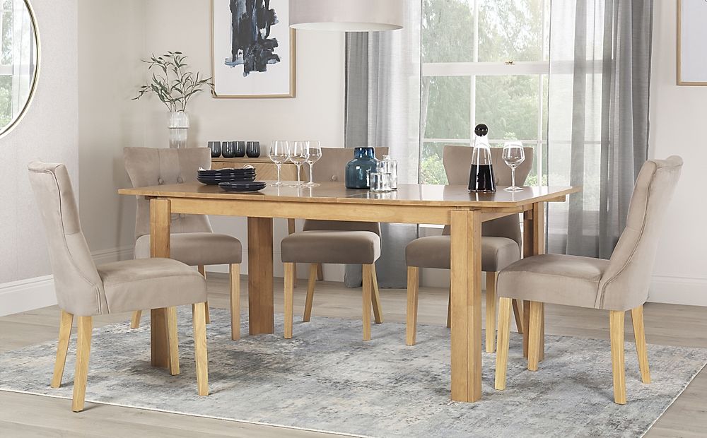 Bali Extending Dining Table & 4 Bewley Chairs, Natural Oak Finished Solid Hardwood, Champagne Classic Velvet, 150-180cm