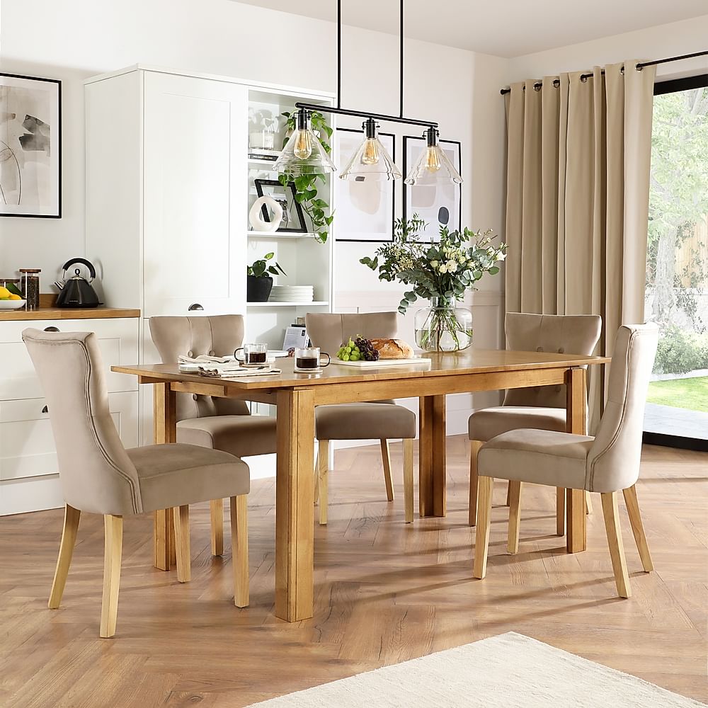 Bali Extending Dining Table & 6 Bewley Chairs, Natural Oak Finished Solid Hardwood, Champagne Classic Velvet, 150-180cm