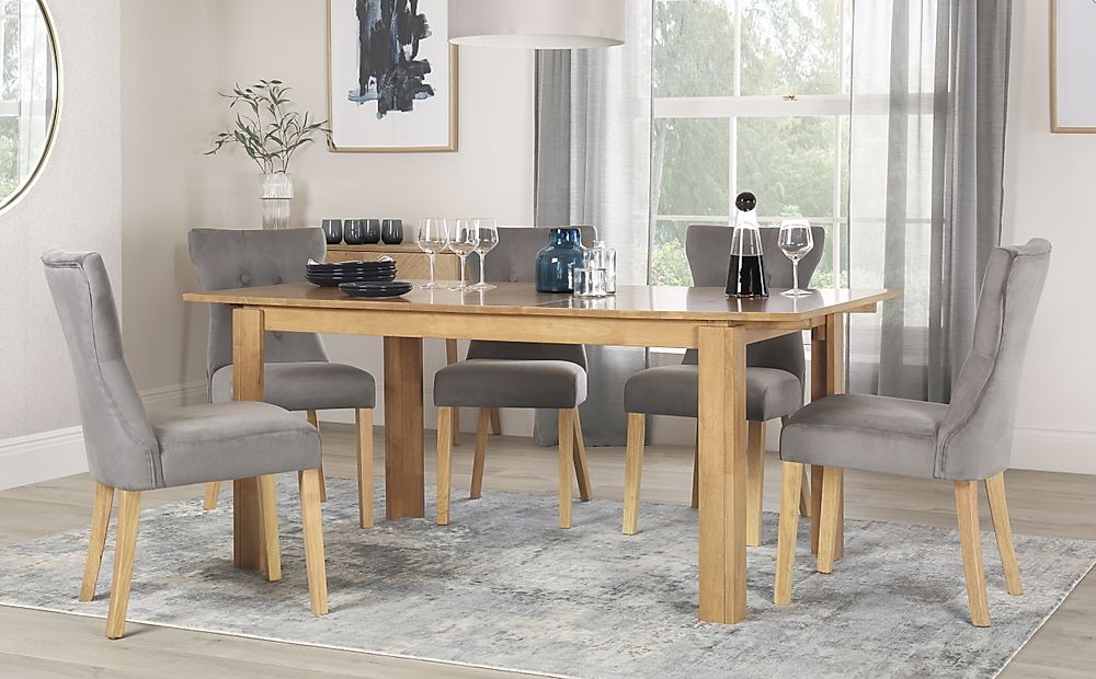 Bali Extending Dining Table & 4 Bewley Chairs, Natural Oak Finished Solid Hardwood, Grey Classic Velvet, 150-180cm