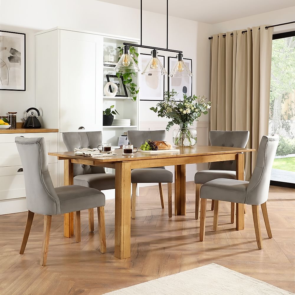 Bali Extending Dining Table & 6 Bewley Chairs, Natural Oak Finished Solid Hardwood, Grey Classic Velvet, 150-180cm